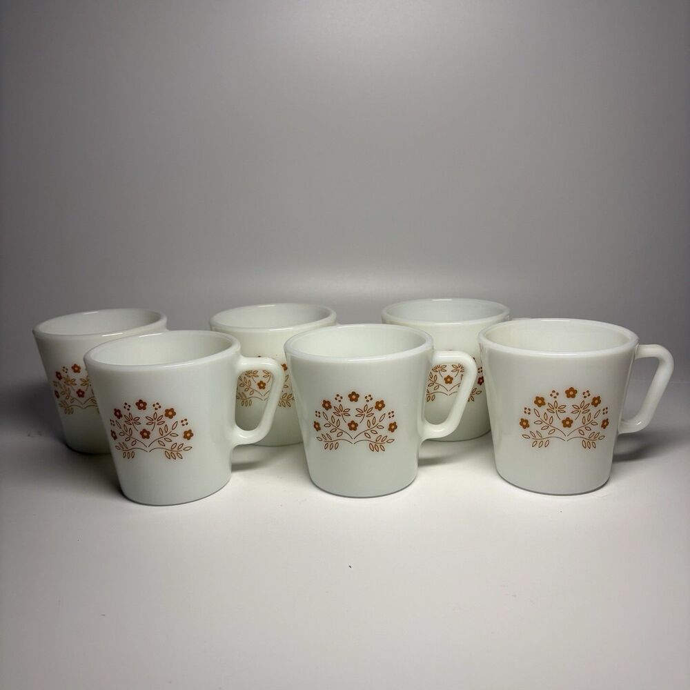 VTG Set of 6 Pyrex Summer Impressions Ginger Brown D-Handle Flower Coffee Cups